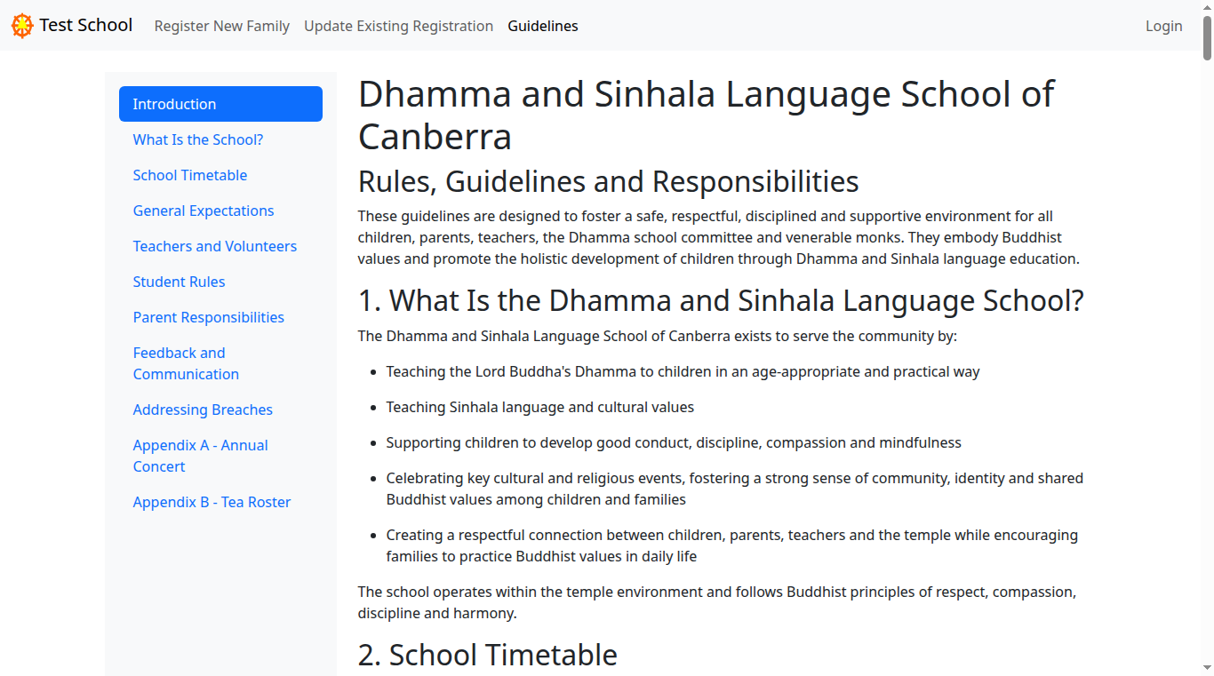 The Guidelines page listing school policies and the timetable.