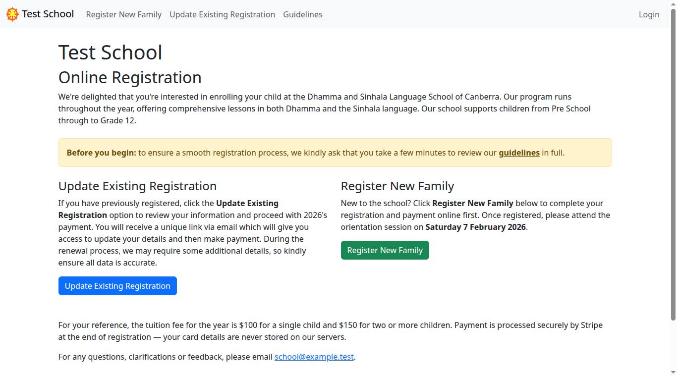 The home page with Register New Family and Update Existing Registration buttons.