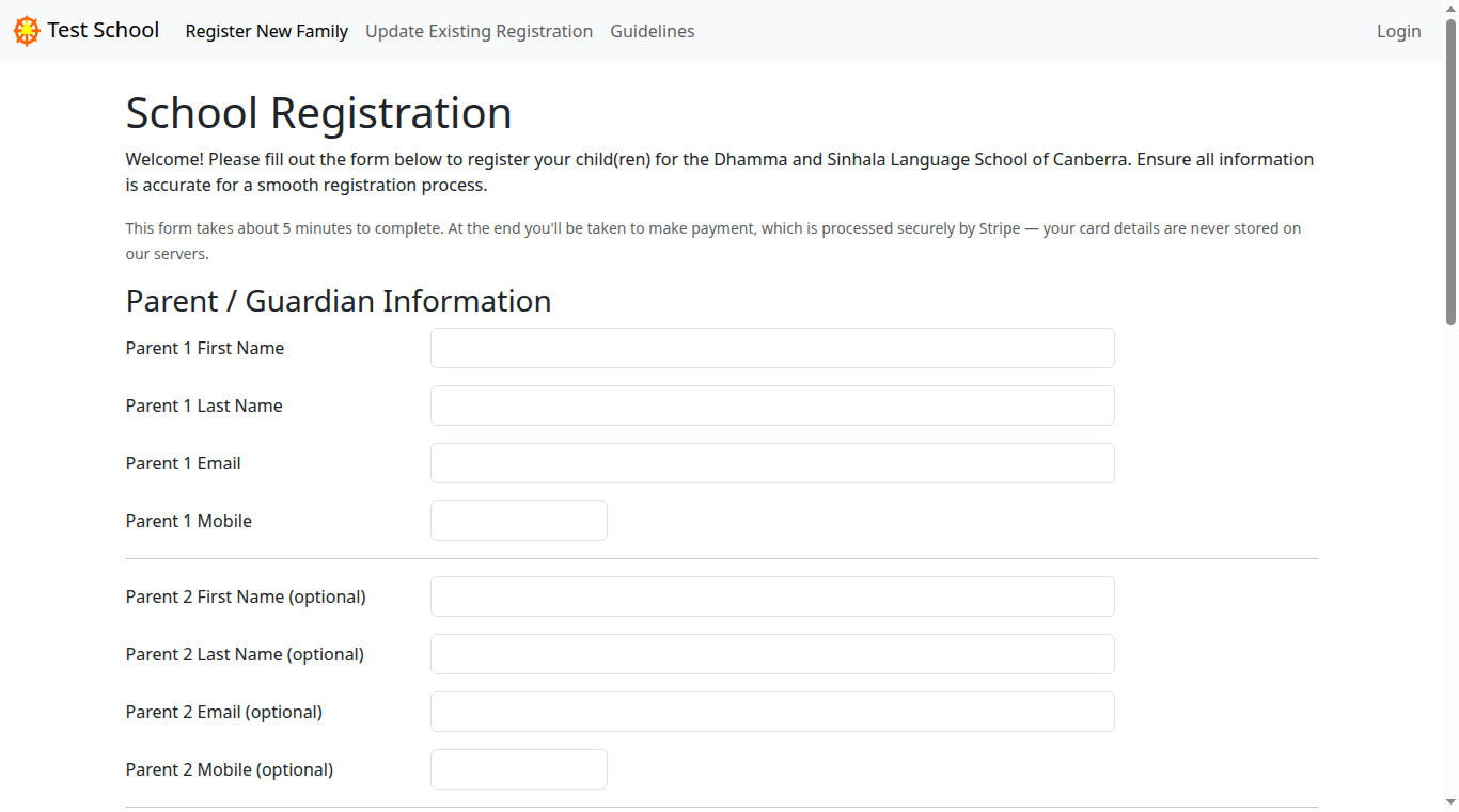 The top of the registration form showing the Parent / Guardian Information fields.