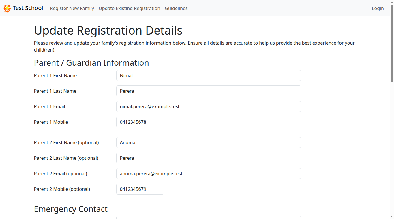 The update page, pre-filled with the parent's saved details.